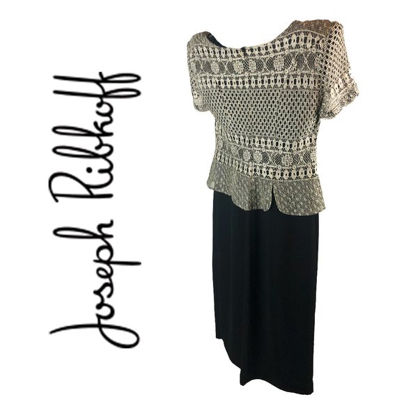 JOSEPH RIBKOFF Metallic Gold Lace Overlay Black Vintage Maxi Dress Gown - Picture 3 of 6